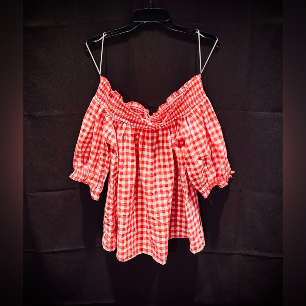LOFT Red and White Gingham Off-Shoulder Blouse